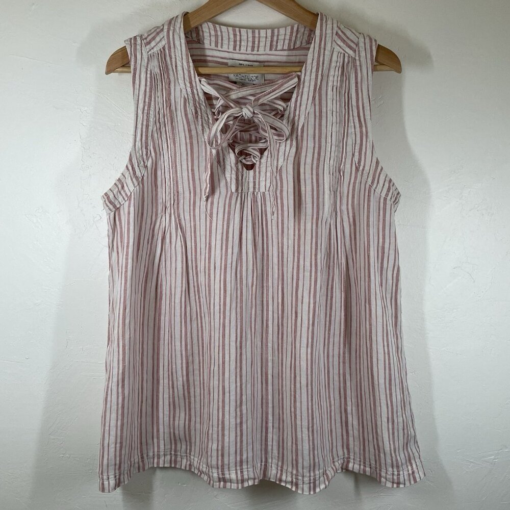 Rachel Zoe 100% Linen Sleeveless Tank Top Pink Striped Blouse Pin tuck Lace Up L